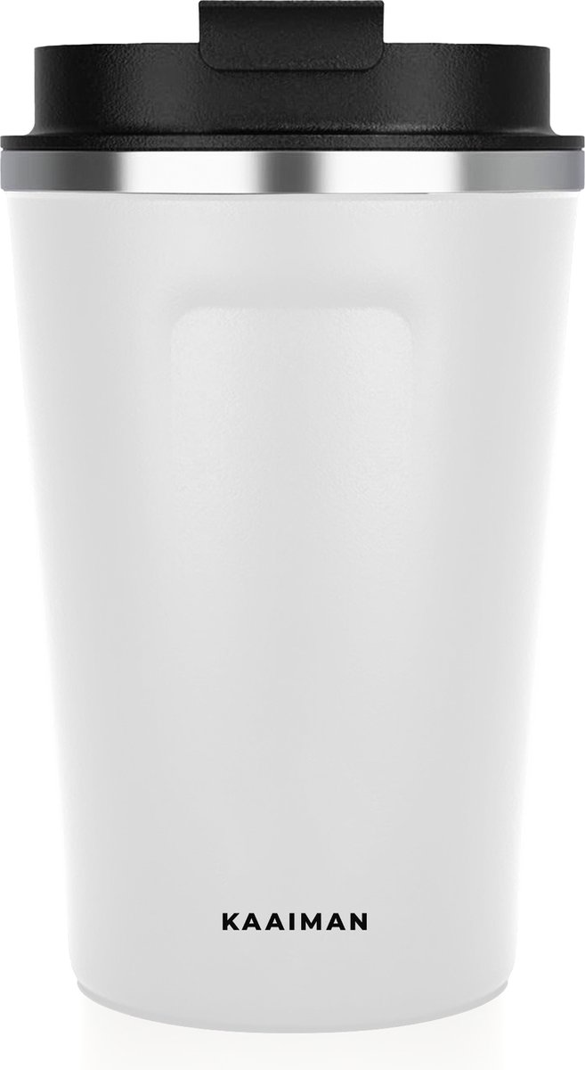 Kaaiman® RVS Thermosbeker - Drinkbeker - Koffie - Thee - Water - Verkoelend en Verwarmend - Travel Mug - Wit - 380ml - Koffiebeker - Theebeker