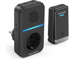 Tecknet NEW Doorbell - draadloze deurbel met 1 ontvanger inclusief stopcontact | Duurzame zender zonder batterijen | Inc. 2 USB laadpoorten | Zwart
