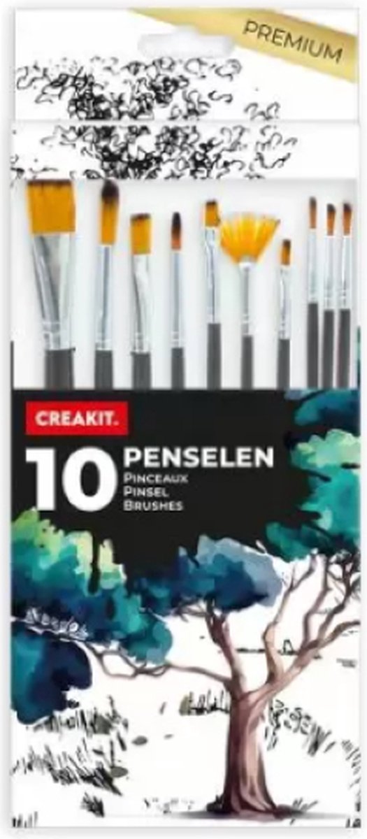 CREAKIT. Penselenset – 10 Stuks – Fine Detail – Penselen voor Schilderen – Kwasten voor Aquarel, Olieverf, Acrylverf, Waterverf en Schmink