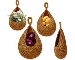 foto van 3 Stuks Macrame Hangende Fruitmand - Bohemian Mand Plantenhanger - Handgemaakt Katoen Touw Fruitschaal Hangmand - Boho Ophangbaar Etagere - Decoratieve Fruit Schaal/Basket - Opbergmand organizer - Keuken/Balkon Decoratie - Hangpot voor Binnen/Buiten
