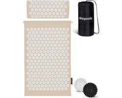 LifeGoods Acupressuur Mat met Kussen - Shakti mat - Spijkermat Incl. 2x Triggerpoint Bal - 60x40x2cm - Beige/Wit