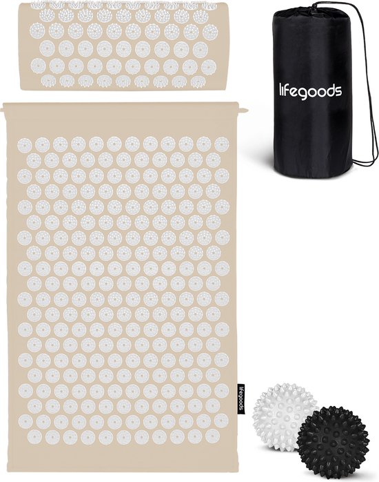 LifeGoods Acupressuur Mat met Kussen - Shakti mat - Spijkermat Incl. 2x Triggerpoint Bal - 60x40x2cm - Beige/Wit