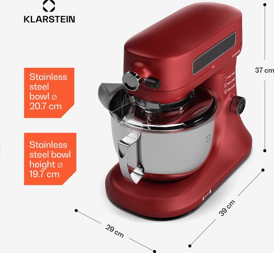 Klarstein Chiara Keukenmachine - 1600W - 5 Liter Roestvrijstalen kom - 12 Snelheden - LCD Touch Display - ≤72 dB - Vaatwasmachinebestendige patisserie set - Gegoten aluminium behuizing - Rood van Klarstein — afbeelding 3