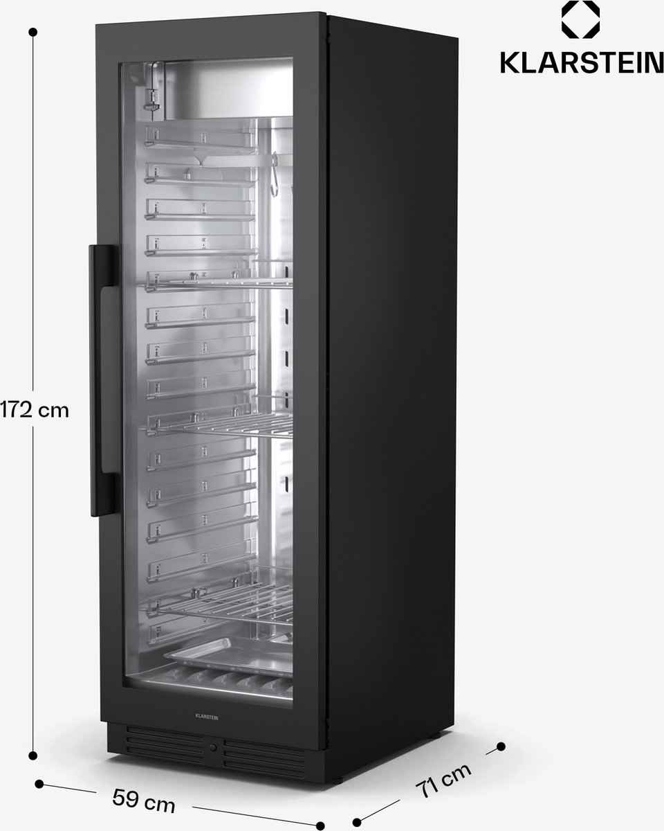 Klarstein 352L vleesrijpkast met temperatuur- en vochtigheidsregeling, UVC-verlichting, touchscreen bedieningspaneel, dubbelwandige deur, LED-display, zwart - 71 cm 92 kg - RVS - voor Restaurant