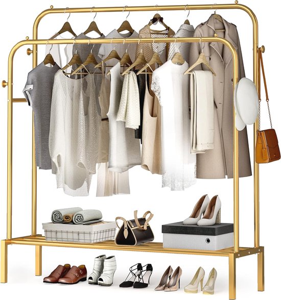 Calmootey Dubbele staaf kleding kledingrek, rollend hangend kledingrek, draagbare kledingorganizer voor slaapkamer, woonkamer, kledingwinkel, goud