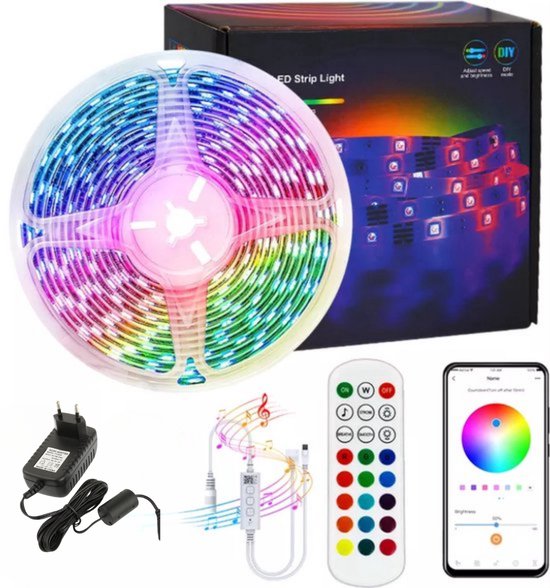 Lichtendirect-LED Strip - 20 meter - RGB verlichting - dimbaar - met afstandsbediening- Bluetooth - zelfklevend-Led light strip | Led lights | Led strips | Ledstrip