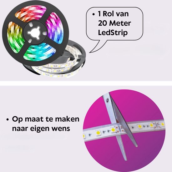 Lichtendirect-LED Strip - 20 meter - RGB verlichting - dimbaar - met afstandsbediening- Bluetooth - zelfklevend-Led light strip | Led lights | Led strips | Ledstrip
