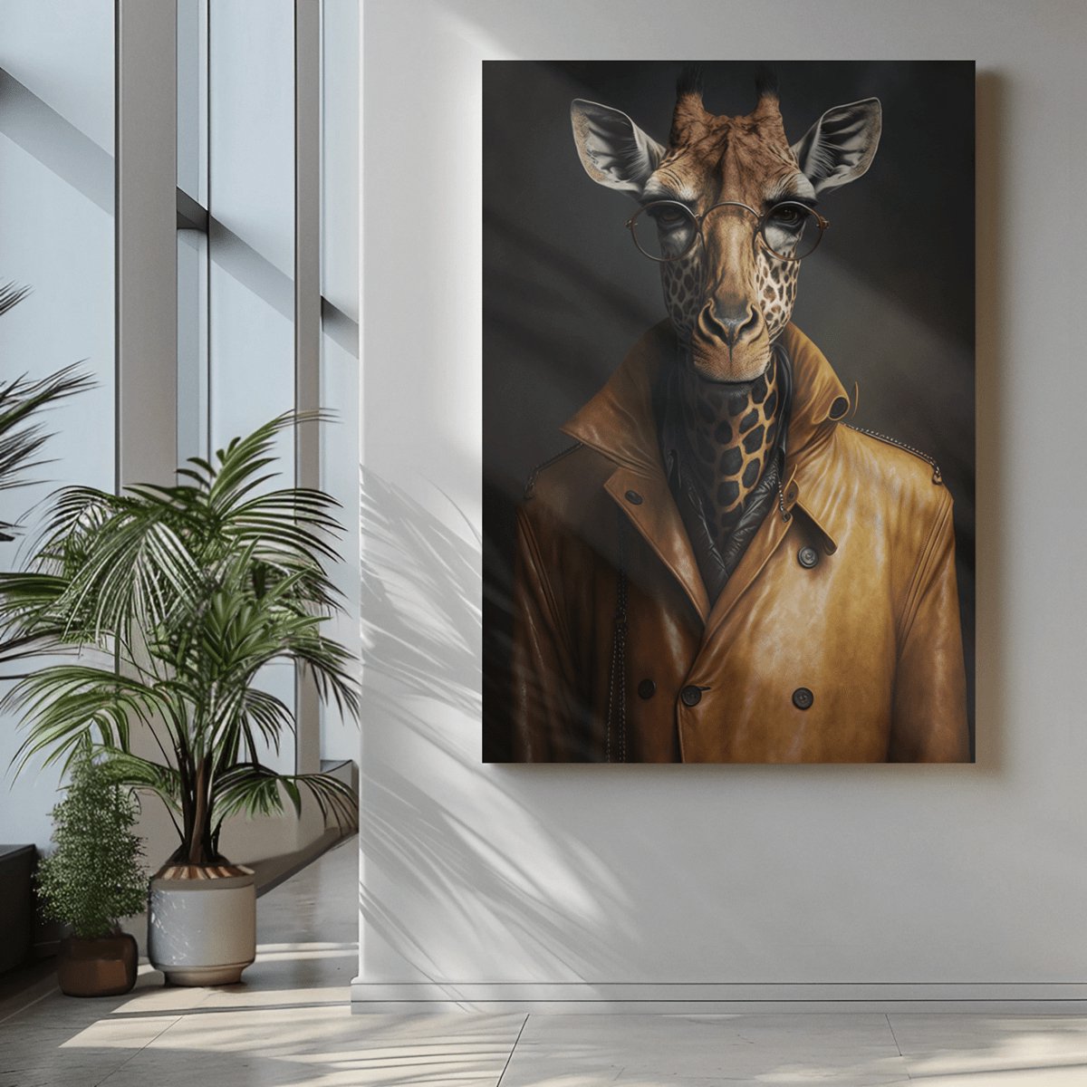 Trendex Global Canvas Schilderij - Dieren - Giraffe in Leren Jas - 60x40x2 cm Bruin