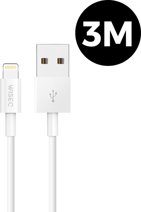 WiseQ Oplaadkabel Geschikt voor iPhone - 3 Meter - USB Kabel Geschikt voor Lightning Kabel - Wit