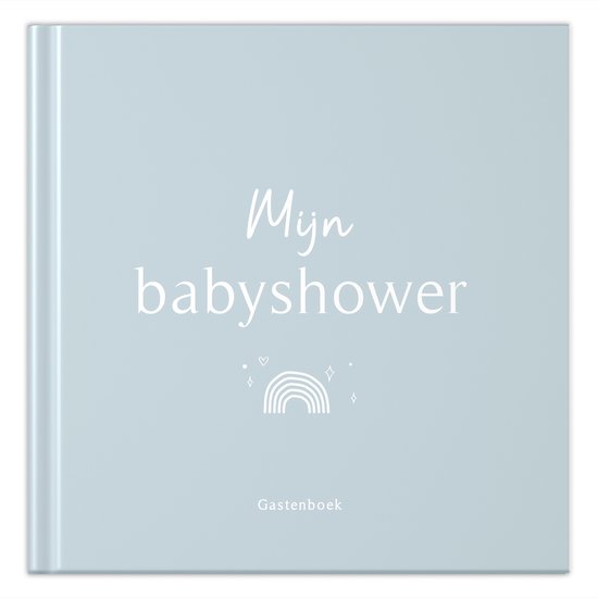 Een lichtblauwe kaft van een babyboek met de titel 'Mijn babyshower' en een regenboog illustratie.
