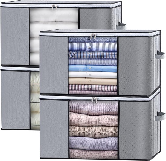 Juskys Opbergdoos met deksel, set van 4 kunststof dozen, 60 liter, groot, stapelbaar, transparant, opbergsysteem, opbergdozen