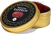 Gouden blik met saffraandraadjes. Deksel met "World's Finest SAFFRON" en "Certified Premium Quality".