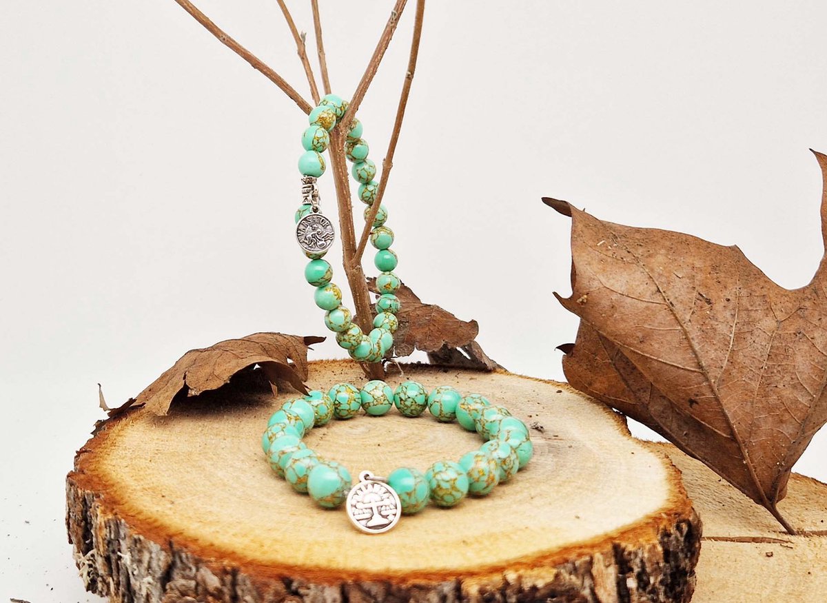 Handgemaakte natuursteen Geluksarmband met hanger "Astrologische Symbolen "Groen howliet gesponnen goud" -8 mm diameter van de korrel- Diameter armband 20 cm - Kies je favoriete Astrologische Symbolen - Een mooi cadeau voor familie en vrienden