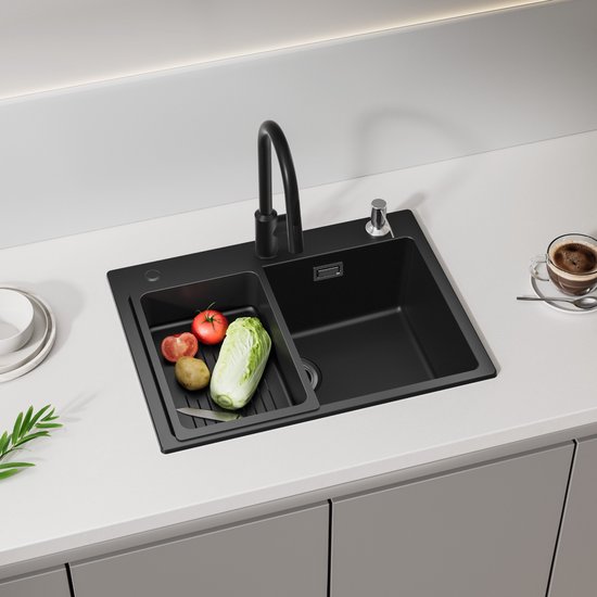 Vtw Living - Rvs Spoelbak 44,5x34,5 Cm Zwart - Inclusief Aansluitset - Zonder Kraangat