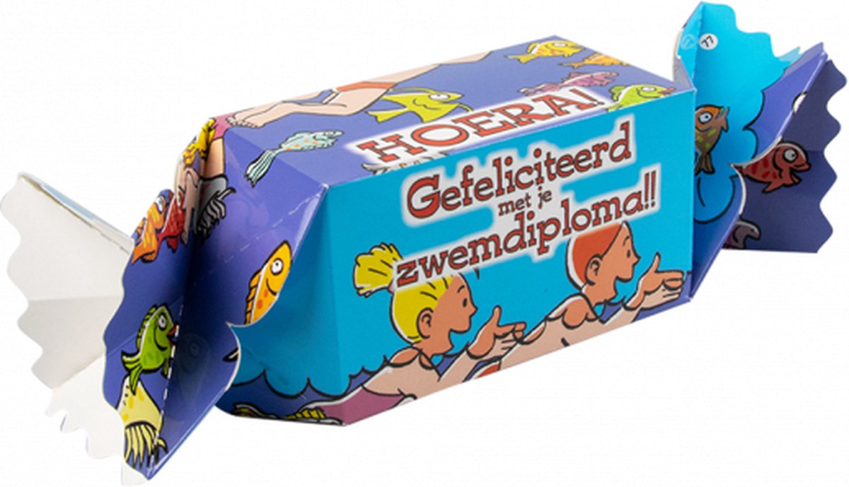 Snoeptoffee - Gefeliciteerd met je zwemdiploma - Gevuld met luxe verpakte toffees - In cadeauverpakking met gekleurd lint