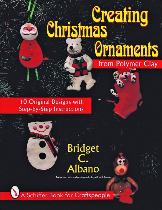 Livre "Creating Christmas Ornaments from Polymer Clay" avec des exemples d'ornements de Noël en argile polymère : Père Noël, ours polaire, gant rouge, bonhomme de neige et poulet.