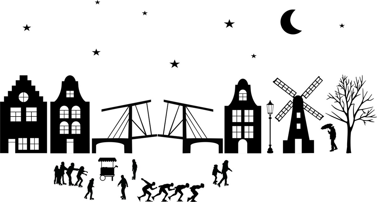 Herbruikbare raamstickers – Hollandse Winter combideal - ZWART | Schaatsen | Molen | 27-de