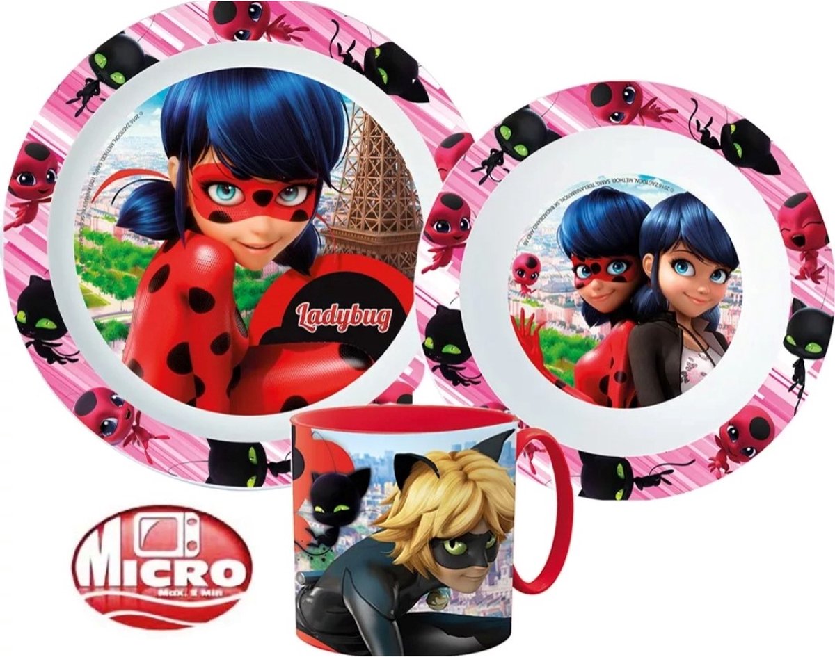 Goedkoopste Miraculous Ladybug Ontbijtset - Lunchset - Dinerset Bord, Schaal en Beker 265ml
