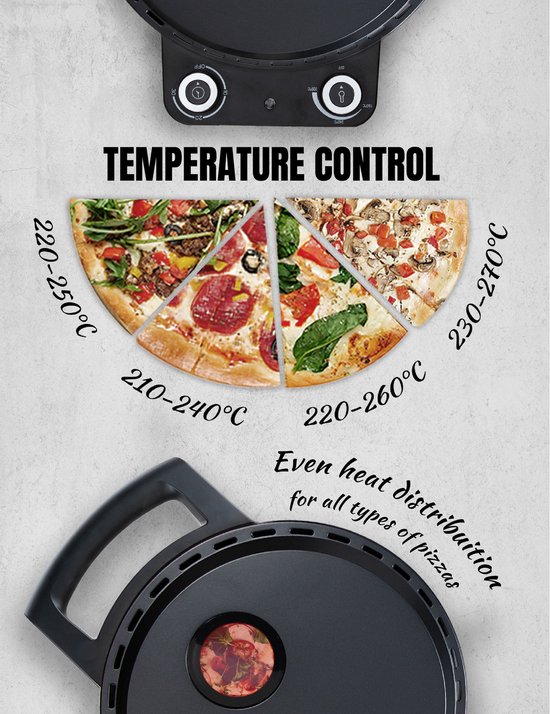 Bestron Turbo Pizzaoven voor pizza's in 5-10 minuten, elektrische pizzaoven met echte maximumtemperatuur van 320°C, inclusief pizzasteen en 2 grote houten spatels, Black Label, kleur: Matzwart — afbeelding 2