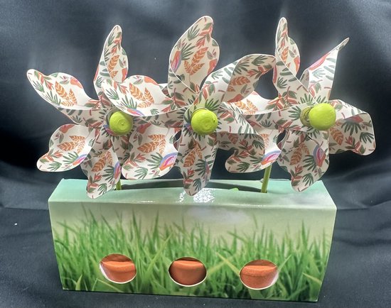 Set van 3 decoratieve windmolentjes in pot - kunststof+houten steker "wit + tropische blaadjes"- meerkleurig + oranje potjes- dia 9 cm x hoogte 16 cm - Tuinaccessoires - tuinstekers