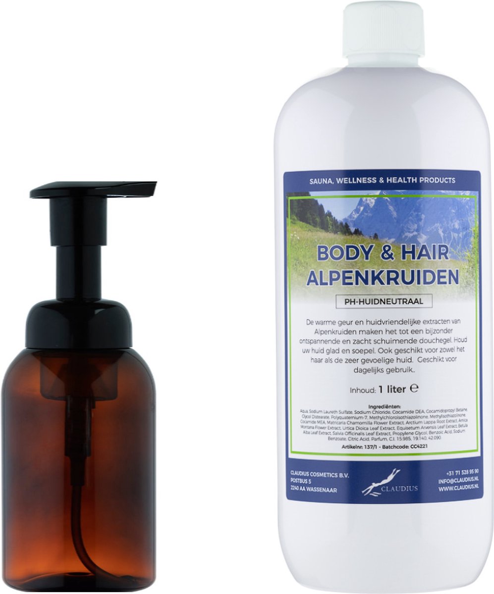 Goedkoopste Zeepdispenser 300 ml amber bruin hervulbaar 1 liter Body & Hair Alpenkruiden navulling