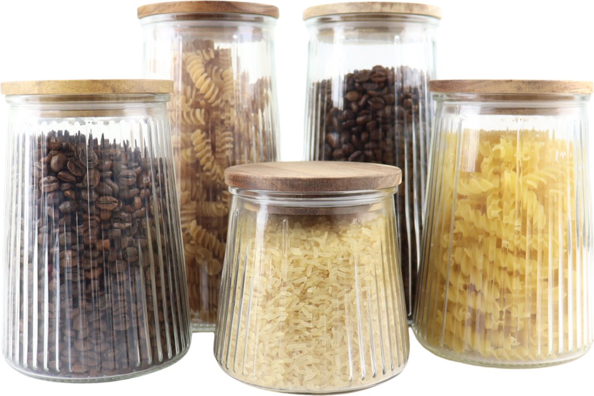 OTIX Voorraadpotten - Glas - met Deksel - Snoeppotten - Set van 5 - Voedselopbergers - Koffiepads Bewaarbus - Acacia Wood - Diverse Maten - SIRIUS