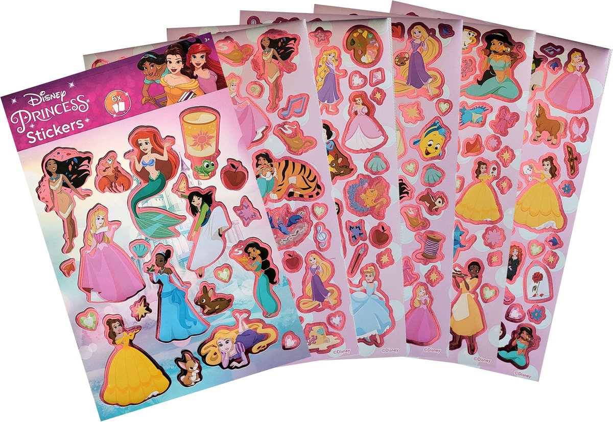 Disney Princess - 6 vellen stickers - stickerboek - knutselen - prinsessen - holografisch roze