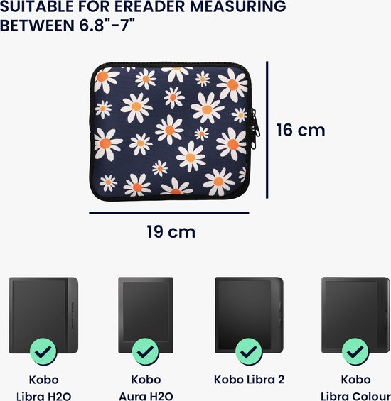 kwmobile Universele Cover voor eReader - Neopreen hoesje Madeliefjes design blauw / wit / geel van Merkloos — afbeelding 3