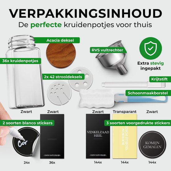 Contenu du kit de pots à épices : 36 pots, 2 types de couvercles verseurs, entonnoir, stylo craie, brosse et autocollants.