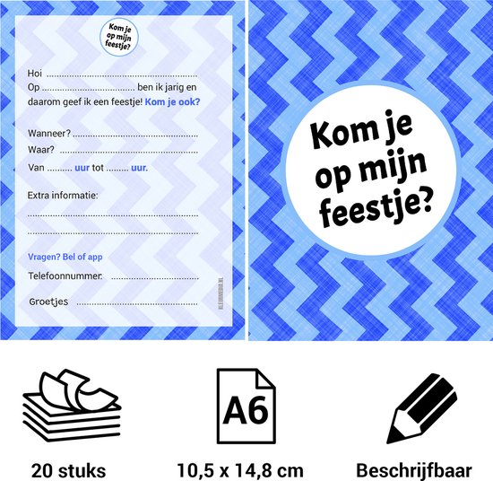 Zijkant van een uitnodiging "Kom je op mijn feestje?" met invulvelden en onderaan iconen voor 20 stuks, A6-formaat, beschrijfbaar.