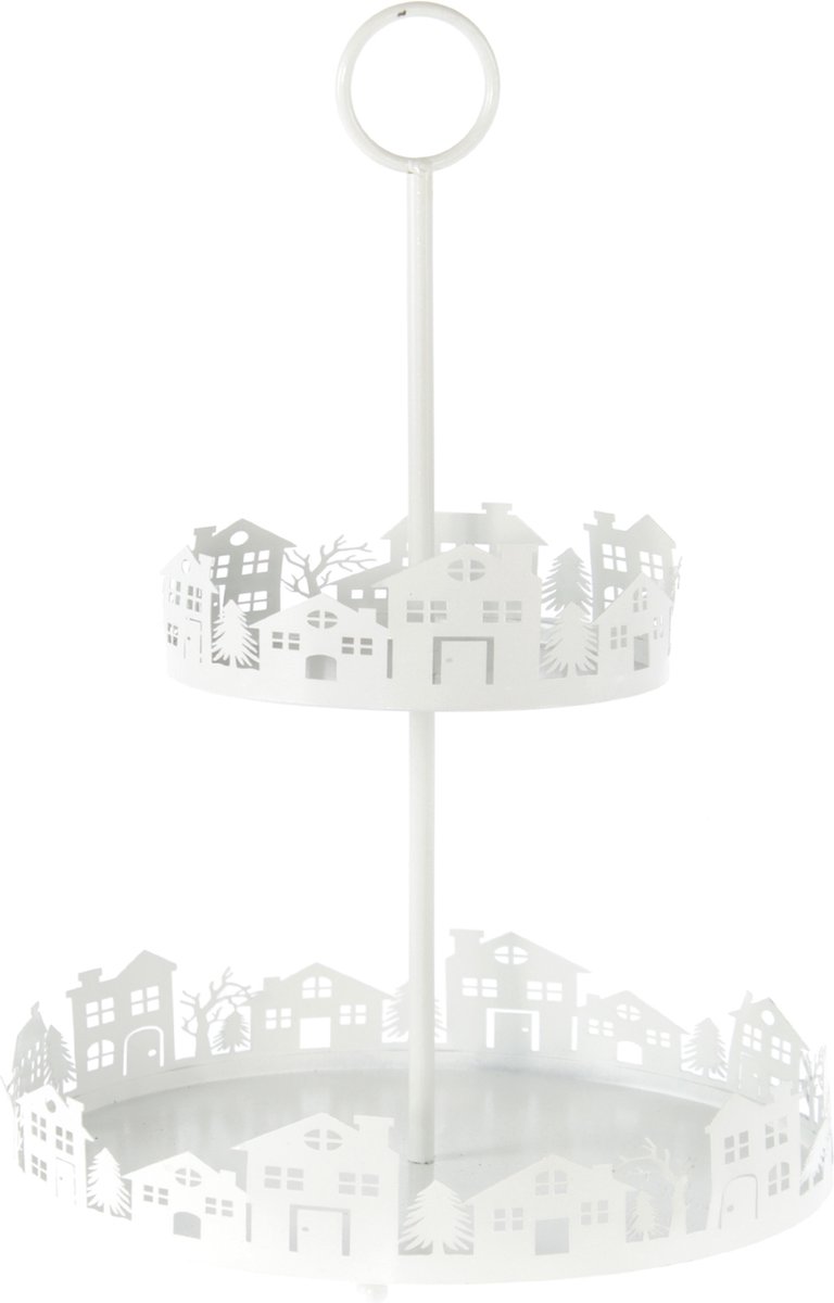 Metalen etagere met huisjes, 25,5 x 25,5 x 36 cm, wit