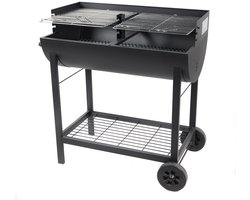 Grote houtskoolbarbecue ELITE met wielen en zijtafel – Dubbel grillrooster – Zwart staal – 102x55xH95 cm – 8-10 personen