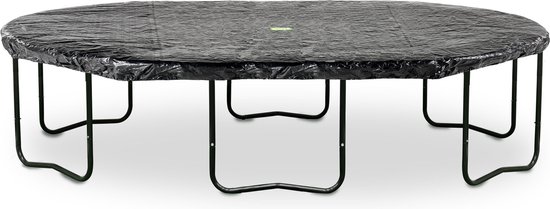 Ovale trampoline afdekhoes in het zwart met metalen poten.
