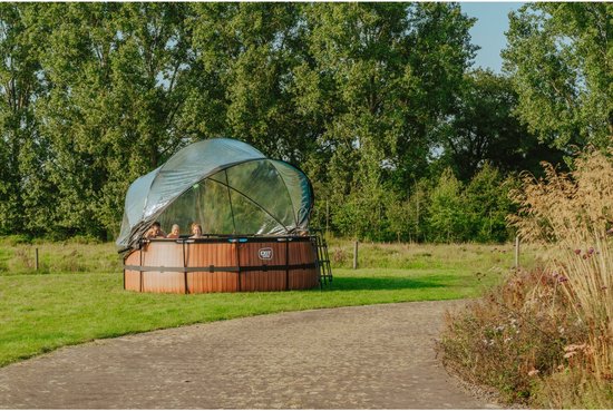 EXIT Wood zwembad ø427x122cm met zandfilterpomp en overkapping en warmtepomp - bruin