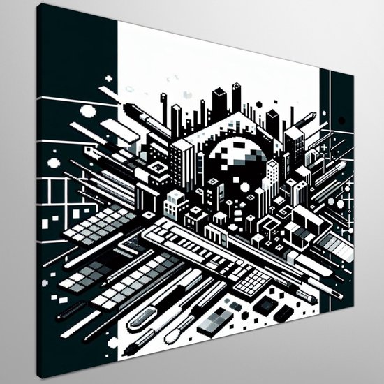 Pixel art zwart wit schilderij | Monochrome meesterwerk: een zwart-wit pixelkunst spektakel onthuld | Kunst - 40x40 centimeter op Canvas | Foto op Canvas