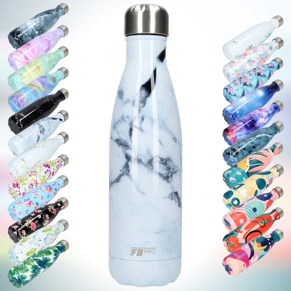 FBFS33, Thermosfles, Drinkfles, Waterfles - Modern & Slank Design - Thermos Fles voor de Warme en Koude Dagen - Dubbelwandig - Robuuste Thermoskan - 500ml - White Marble - Wit Marmer