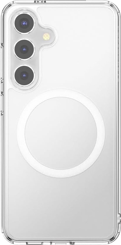 Een transparante hoes voor een telefoon, met drie camera's en een ronde MagSafe-ring.