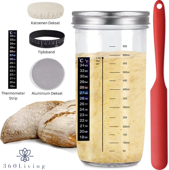 Foto: 360 living zuurdesem starter set zuurdesem zuurdesem pot 730ml met thermometer silliconen spatel katoenen doek en meetband sourdough starter kit