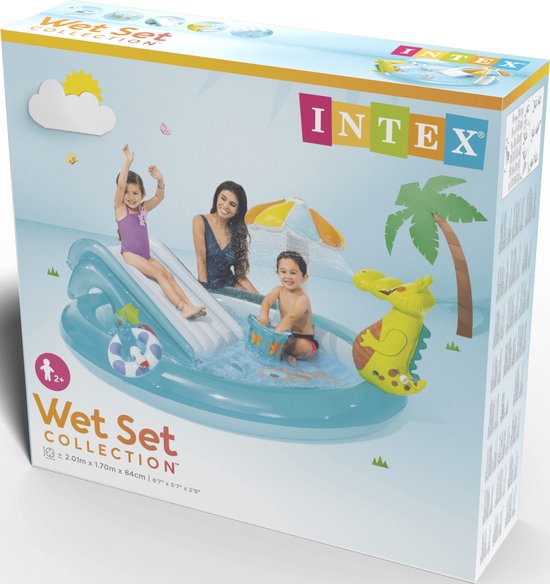 Verpakking van Intex Gator Play Center opblaasbaar zwembad met afbeelding van spelende kinderen.