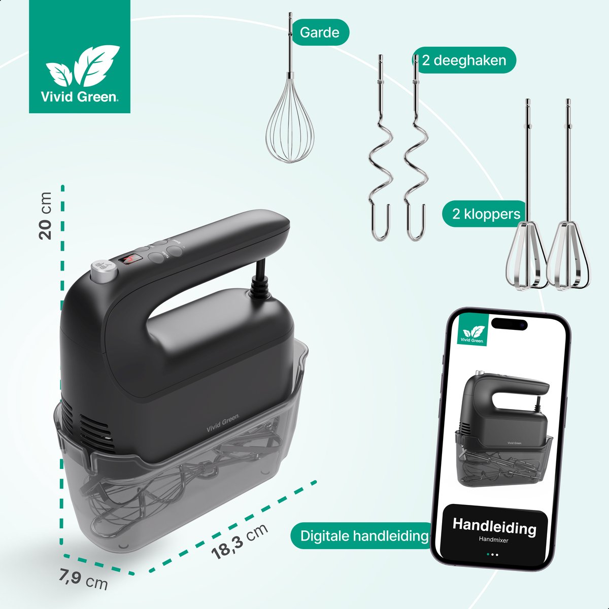 Vivid Green Handmixer 400W - 9 snelheden - Turbofunctie