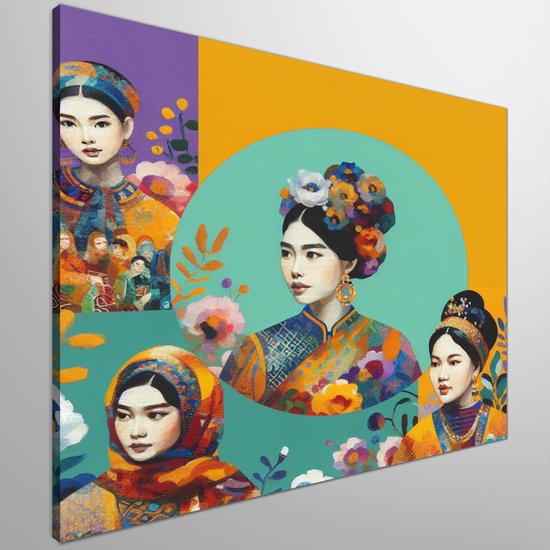 Olieverf dikke dames schilderij | Vetgebekte vrouwen gevat in kleurrijk olieverf meesterwerk | Kunst - 100x100 centimeter op Forex | Foto op Forex