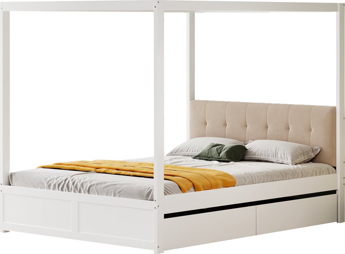 Merax Hemelbed 140x200 cm met Grote Opberglades Tweepersoonsbed met Zacht Hoofdbord - Houten Bed - Wit