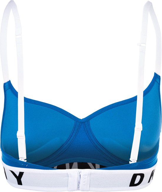 Achterkant van blauwe DKNY beha met witte band en zwart DKNY logo.