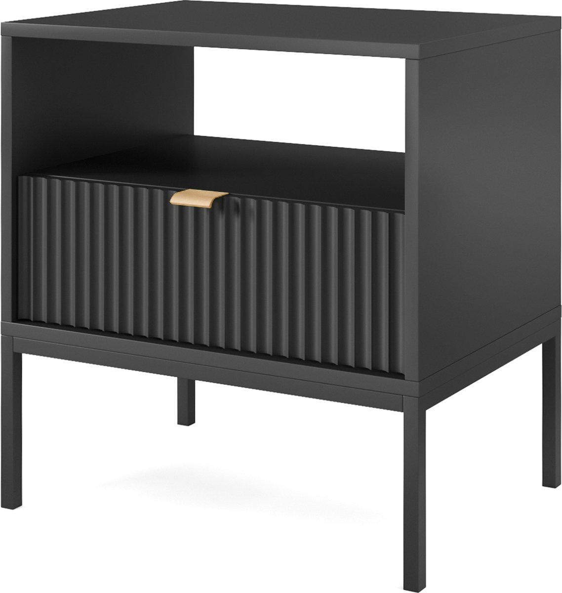 Selsey Vellore - Nachtkastje 54 cm - zwart met geribbelde front en gouden handgreep