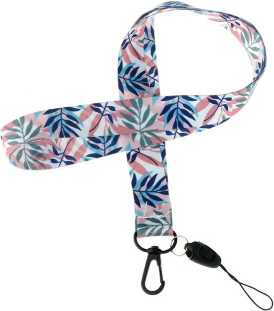 Tour de cou rose avec motif de feuilles bleues et vertes, avec fermoir mousqueton.
