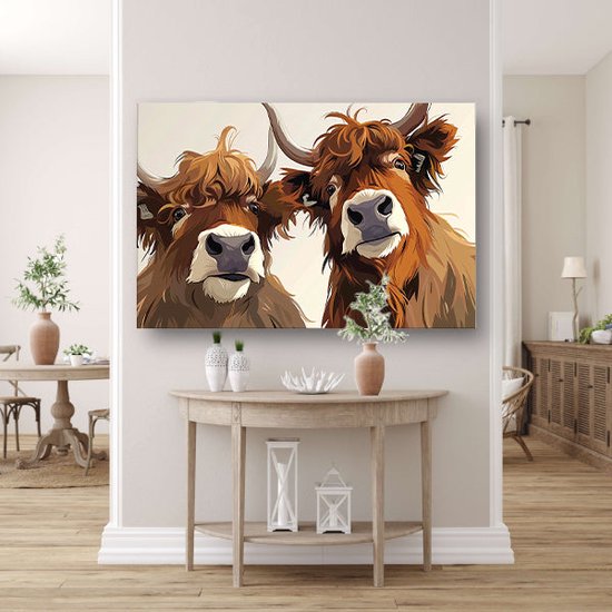 Tableau Highlanders - Peintures Animaux - Peinture sur toile Cornes - Peinture moderne - Peinture sur toile - Peintures & affiches toile 120x80 cm
