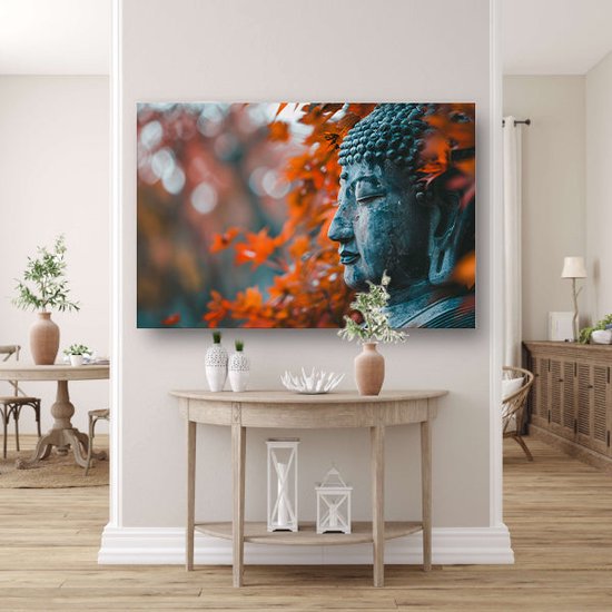 Boeddha portret - Beeldhouwwerk wanddecoratie - Schilderij op canvas Bladeren - Muurdecoratie industrieel - Muurdecoratie canvas - Woonkamer accessoires canvas 60x40 cm