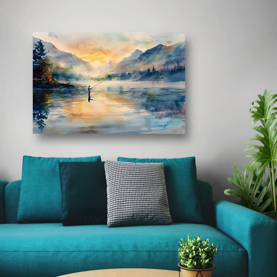 Décoration murale pêcheur - Tableau homme - Peintures toile Montagnes - Tableau Vintage - Tableau toile salon - Toile décoration murale chambre 90x60 cm