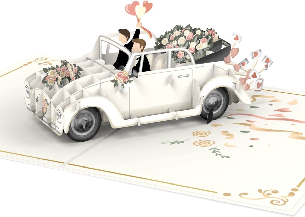 papercrush® Pop-up kaart Bruidsauto Man & Man - 3D huwelijkskaart voor homopaar, elegante wenskaart voor het huwelijk van een mannenpaar, huwelijkscadeau of geldcadeau voor 2 mannen