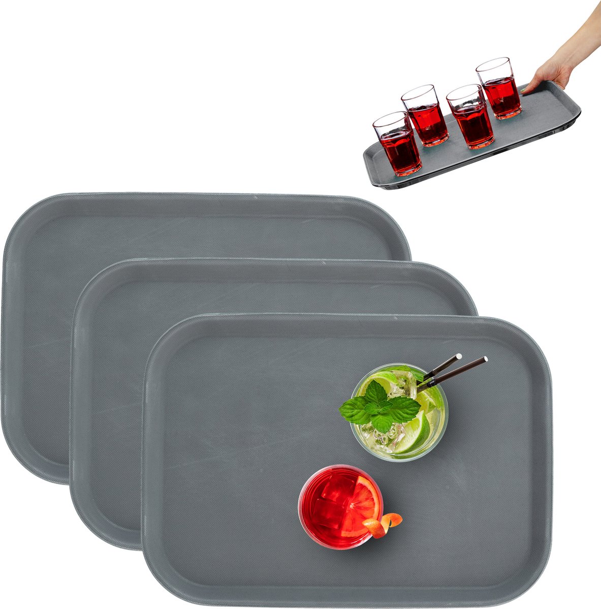 dienblad antislip - set van 3 - 35 x 25 cm - opstaande rand - grijs